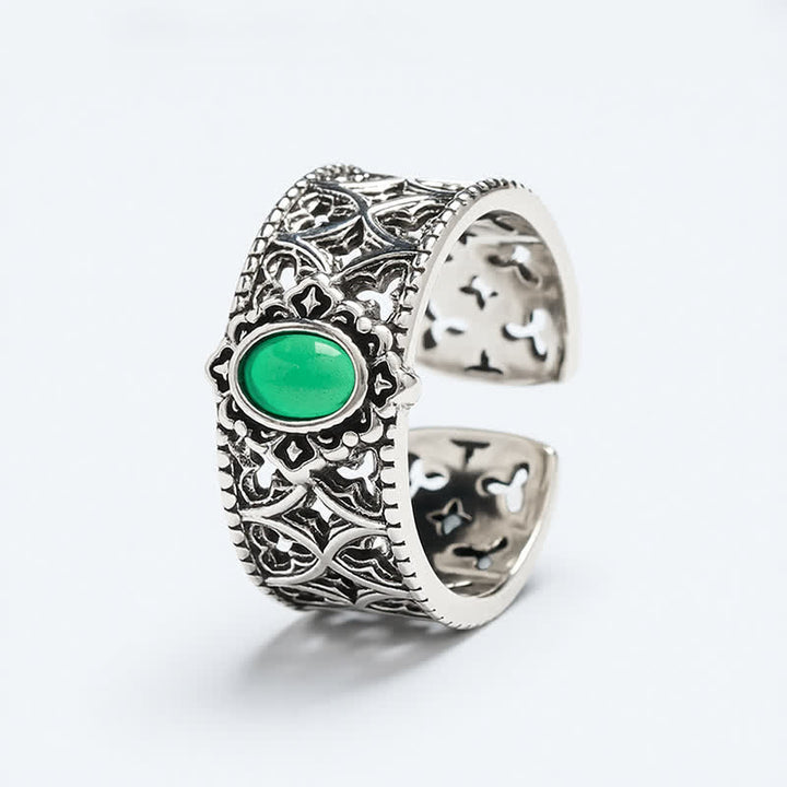 Buddha Stones Anillo abierto grabado con forma de balanza de ágata verde vintage - image 5