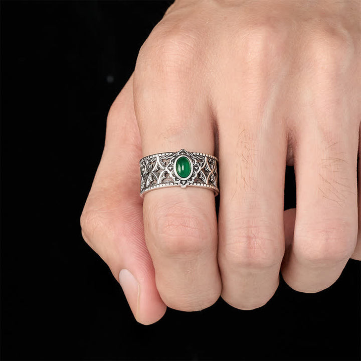 Buddha Stones Anillo abierto grabado con forma de balanza de ágata verde vintage - image 4