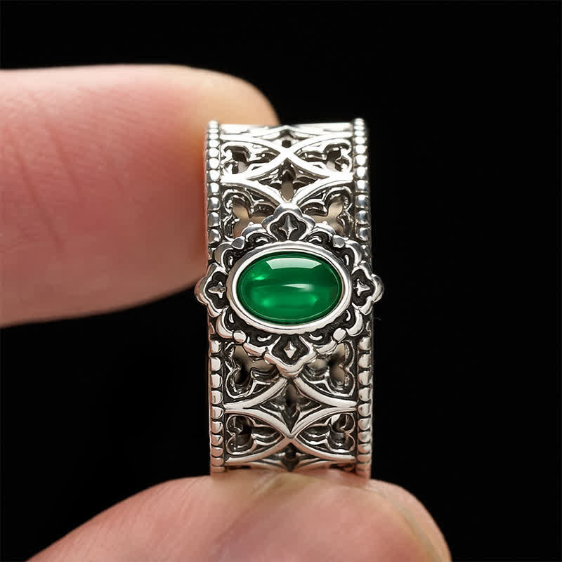 Buddha Stones Anillo abierto grabado con forma de balanza de ágata verde vintage - image 3