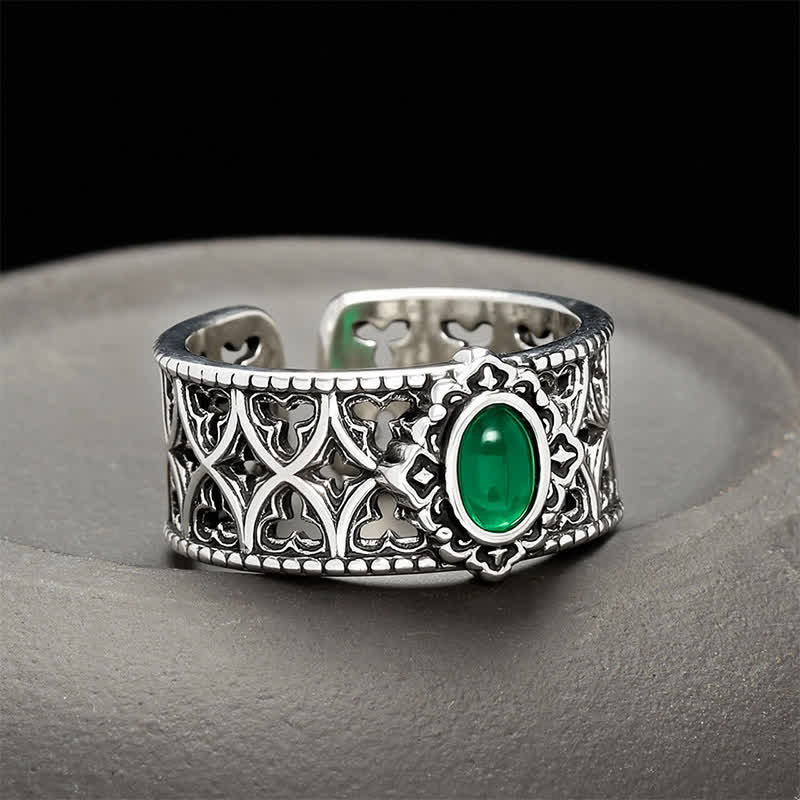 Buddha Stones Anillo abierto grabado con forma de balanza de ágata verde vintage - Aprox. 18-20 mm ( US US 8-10) - image 0