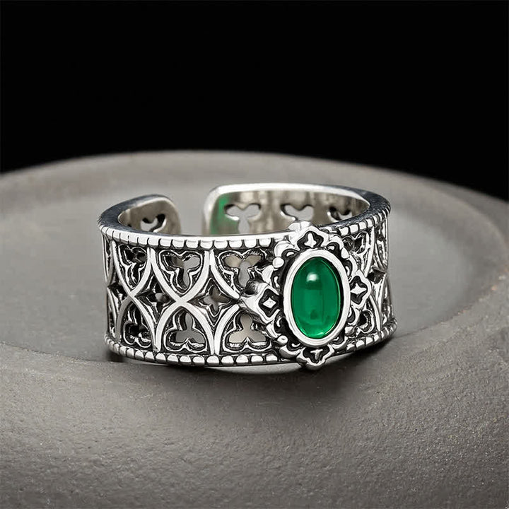 Buddha Stones Anillo abierto grabado con forma de balanza de ágata verde vintage - Aprox. 18-20 mm ( US US 8-10) - image 0