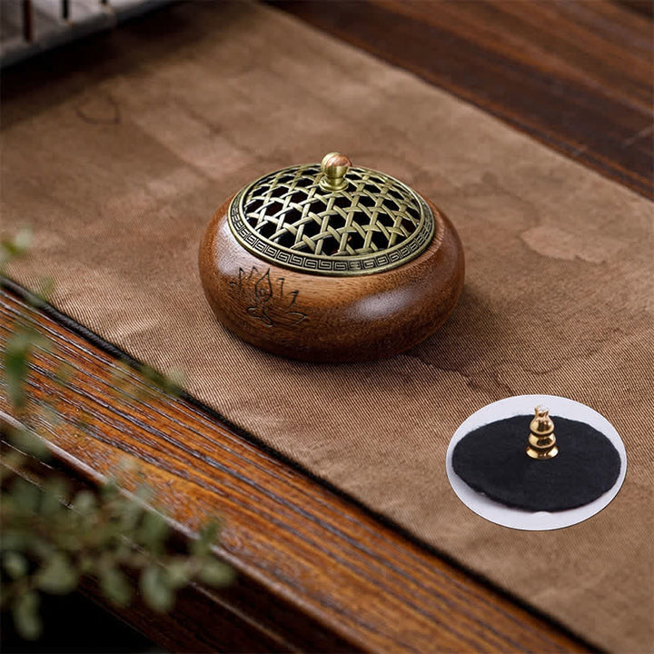 Buddha Stones Quemador de incienso redondo de madera de durazno, dragón y fénix, fuerza - Diseño tejido verde - image 3
