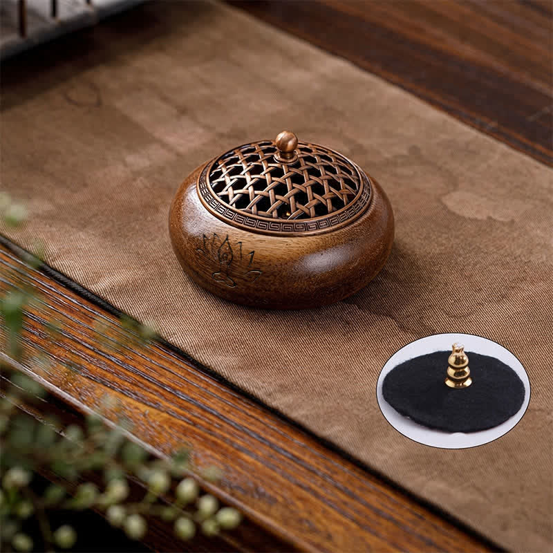 Buddha Stones Quemador de incienso redondo de madera de durazno, dragón y fénix, fuerza - Diseño tejido - image 2