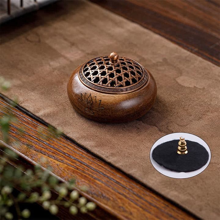 Buddha Stones Quemador de incienso redondo de madera de durazno, dragón y fénix, fuerza - Diseño tejido - image 2