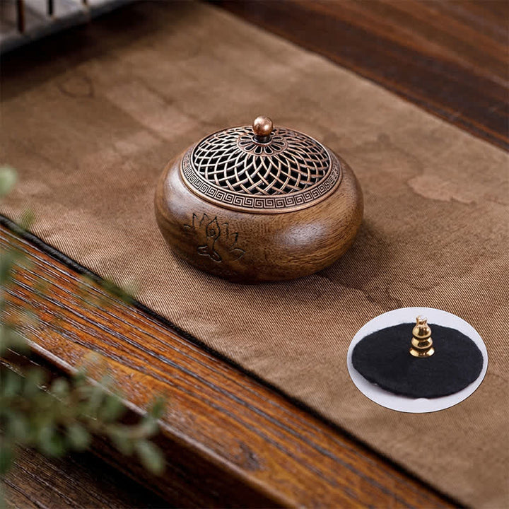 Buddha Stones Quemador de incienso redondo de madera de durazno, dragón y fénix, fuerza - Diseño de loto - image 1