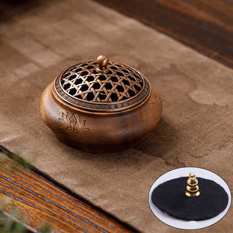 Buddha Stones Quemador de incienso redondo con forma de dragón fénix de madera de durazno y suerte - Con forma de cuenco - Diseño tejido - image 7