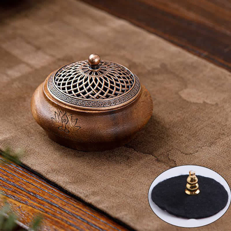 Buddha Stones Quemador de incienso redondo con forma de dragón fénix de madera de durazno y suerte - Con forma de cuenco - Diseño de loto - image 10