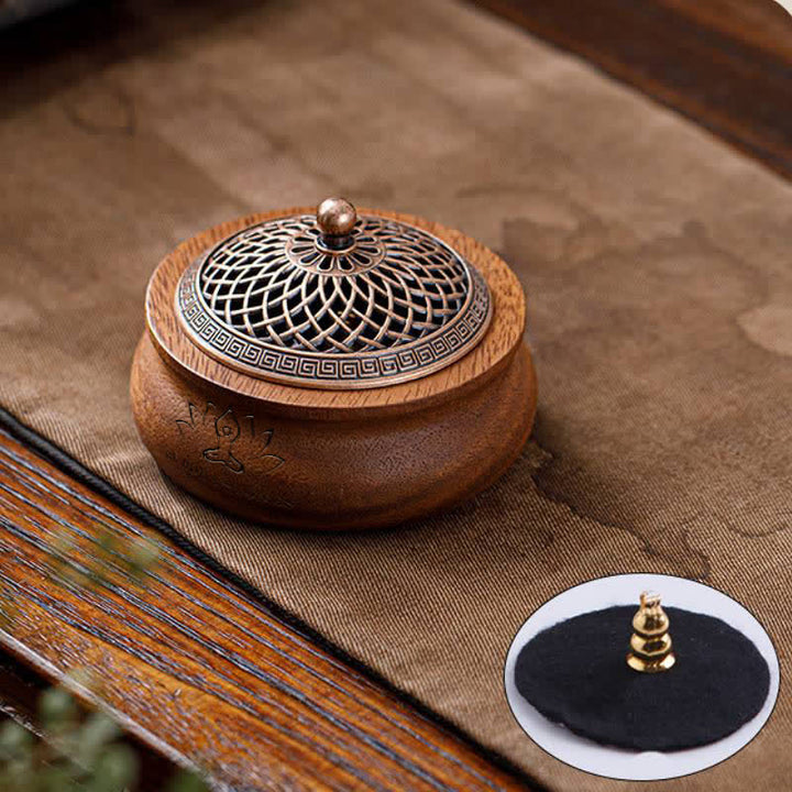 Buddha Stones Quemador de incienso redondo con forma de dragón fénix de madera de durazno y suerte - Con forma de jarra - Diseño de loto - image 3