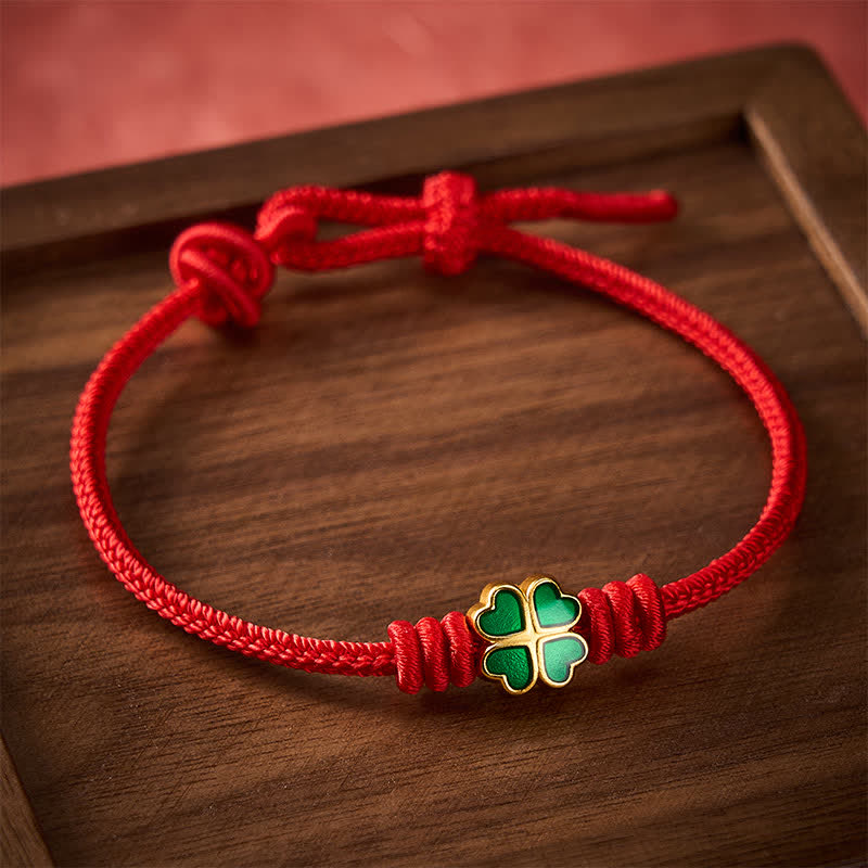 Buddha Stones Pulsera de la suerte con forma de corazón y trébol de cuatro hojas verde, tejida a mano con cuerda roja. - image 1