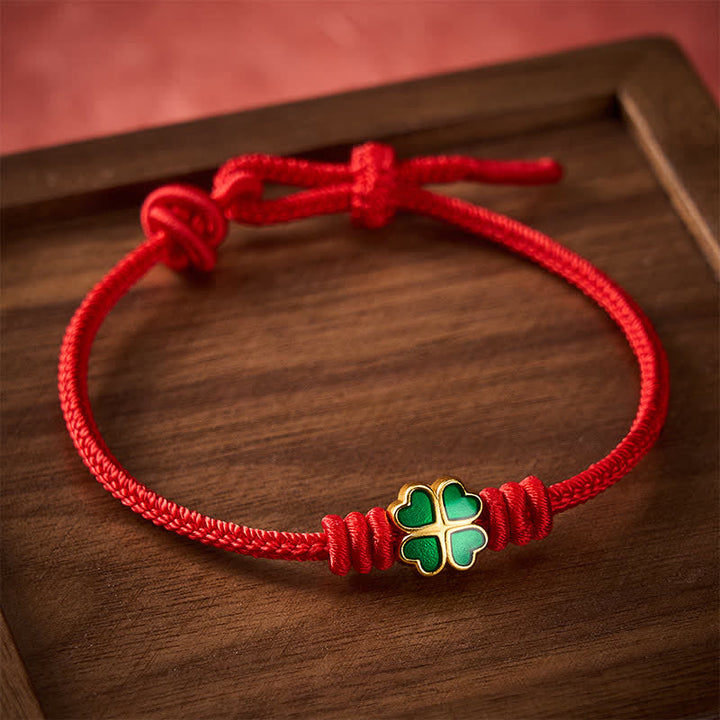 Buddha Stones Pulsera de la suerte con forma de corazón y trébol de cuatro hojas verde, tejida a mano con cuerda roja. - image 1