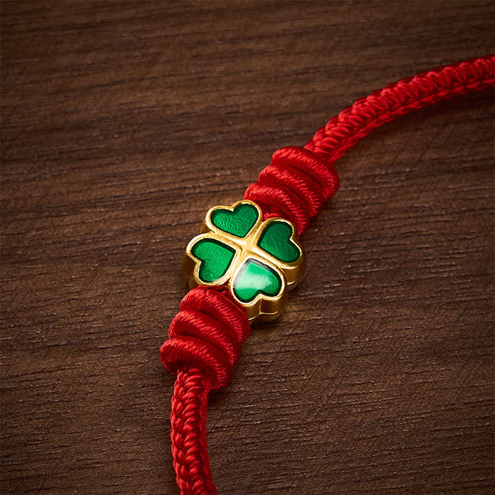 Buddha Stones Pulsera de la suerte con forma de corazón y trébol de cuatro hojas verde, tejida a mano con cuerda roja. - image 4