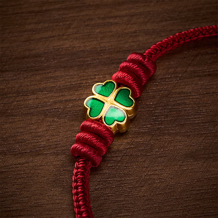 Buddha Stones Pulsera de la suerte con forma de corazón y trébol de cuatro hojas verde, tejida a mano con cuerda roja. - image 13