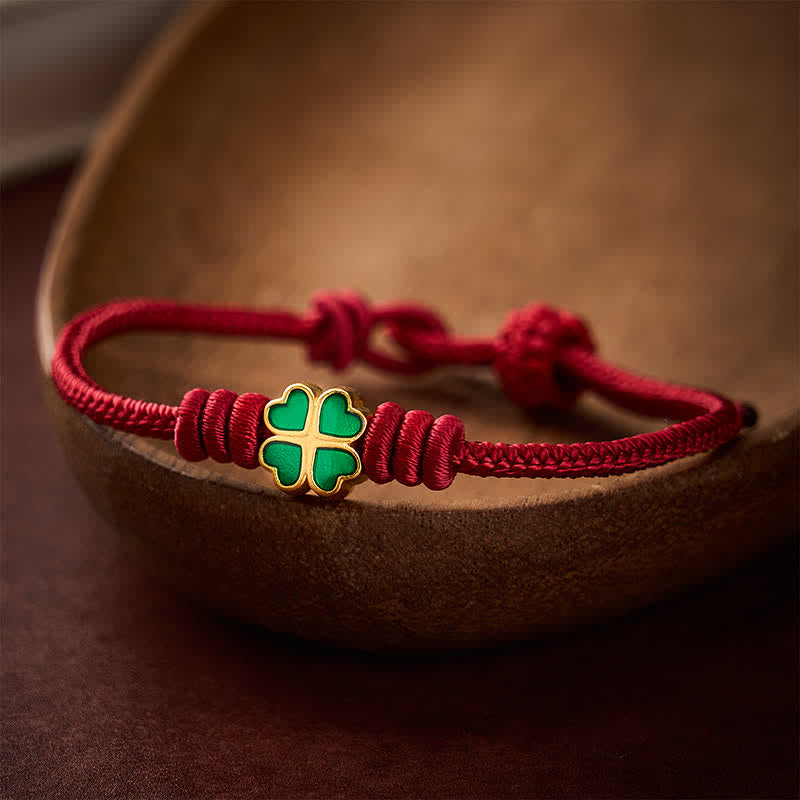 Buddha Stones Pulsera de la suerte con forma de corazón y trébol de cuatro hojas verde, tejida a mano con cuerda roja. - image 12