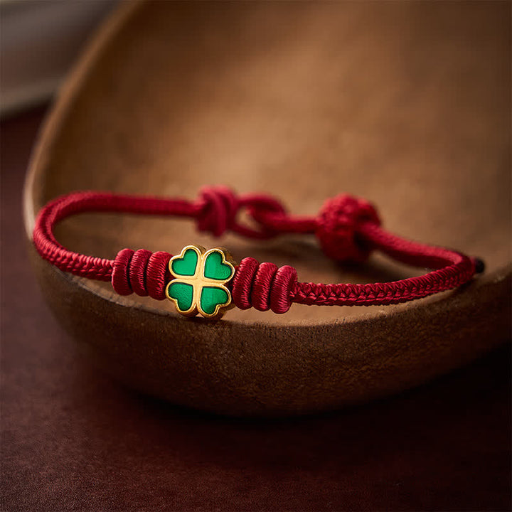 Buddha Stones Pulsera de la suerte con forma de corazón y trébol de cuatro hojas verde, tejida a mano con cuerda roja. - image 12