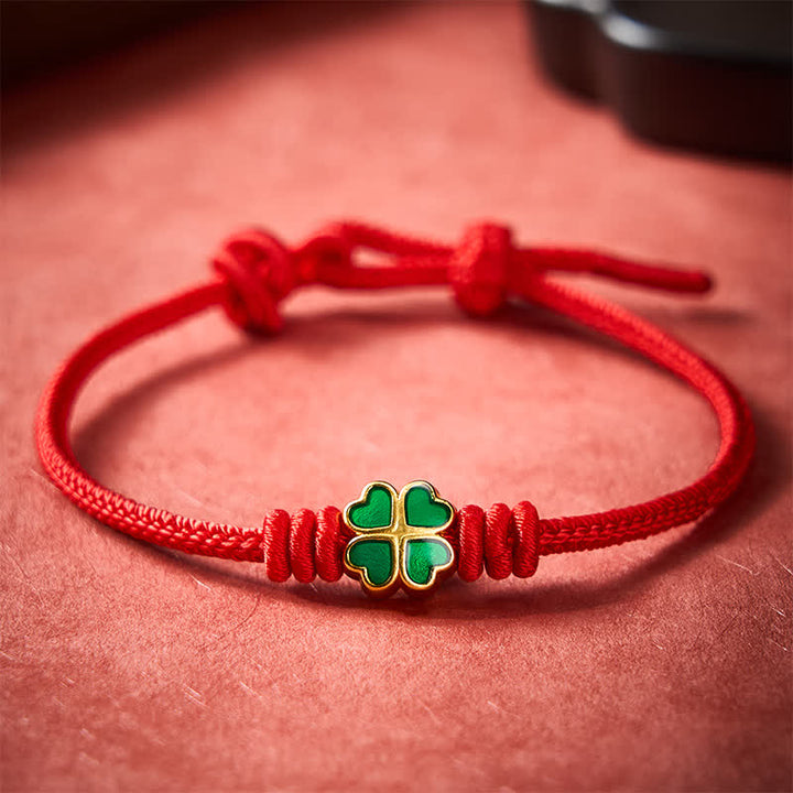 Buddha Stones Pulsera de la suerte con forma de corazón y trébol de cuatro hojas verde, tejida a mano con cuerda roja. - image 3