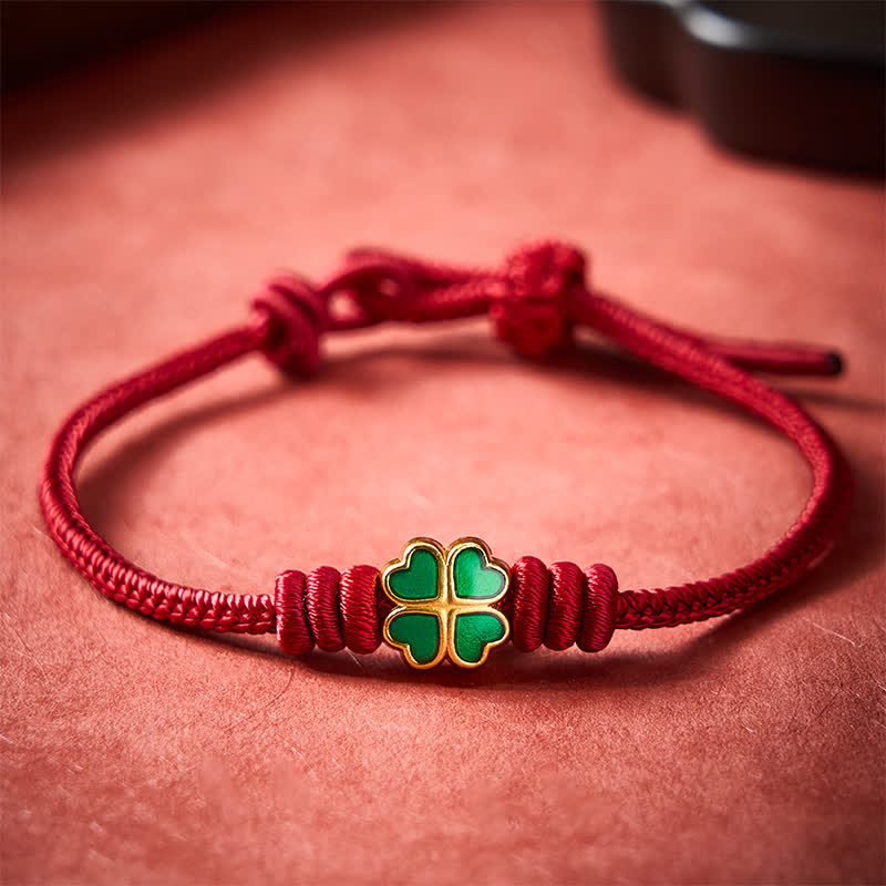 Buddha Stones Pulsera de la suerte con forma de corazón y trébol de cuatro hojas verde, tejida a mano con cuerda roja. - image 11