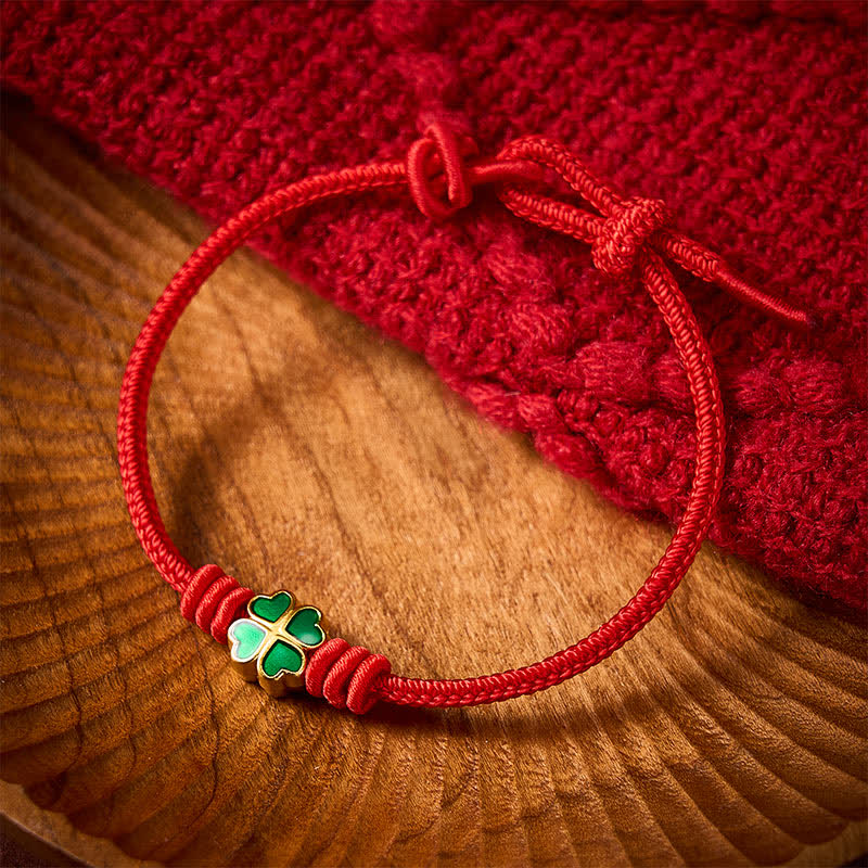 Buddha Stones Pulsera de la suerte con forma de corazón y trébol de cuatro hojas verde, tejida a mano con cuerda roja. - image 2