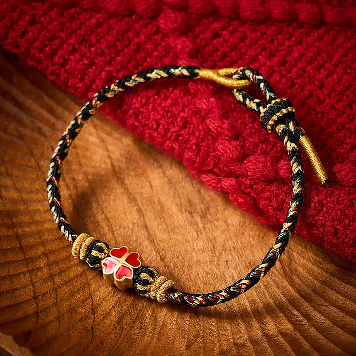 Buddha Stones Pulsera de cuerda curativa con forma de corazón y trébol rojo de cuatro hojas, tejida a mano. - image 2