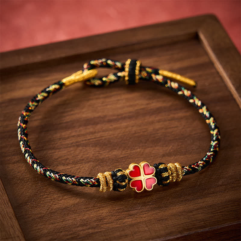 Buddha Stones Pulsera de cuerda curativa con forma de corazón y trébol rojo de cuatro hojas, tejida a mano. - image 1