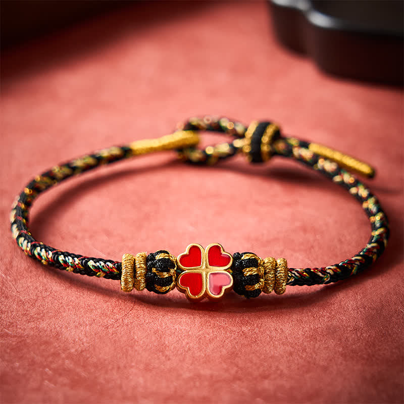 Buddha Stones Pulsera de cuerda curativa con forma de corazón y trébol rojo de cuatro hojas, tejida a mano. - image 3