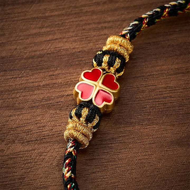 Buddha Stones Pulsera de cuerda curativa con forma de corazón y trébol rojo de cuatro hojas, tejida a mano. - image 4