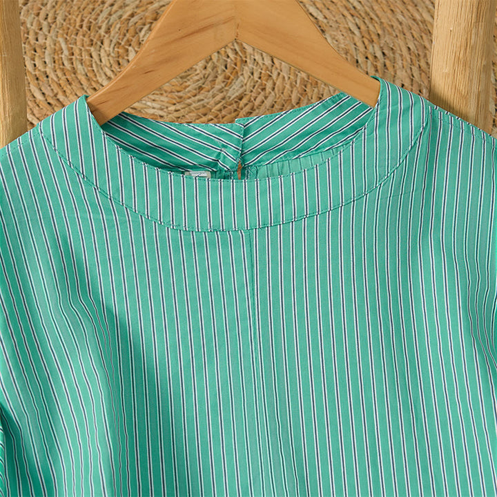 Buddha Stones Camiseta de manga larga para mujer, estilo casual de primavera, minimalista, a rayas verdes y cuello redondo. - image 2