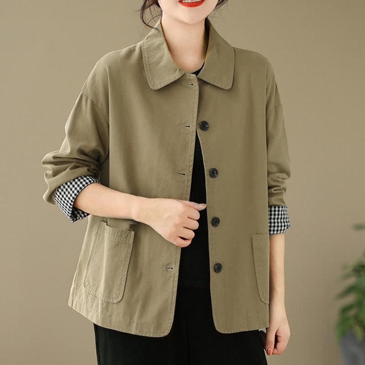 Buddha Stones Chaqueta informal minimalista de manga larga para mujer, con botones y bolsillos, ideal para primavera y otoño. - Caqui oscuro - US8-10, UK/AU12-14, EU40-42 (2XL) - image 0