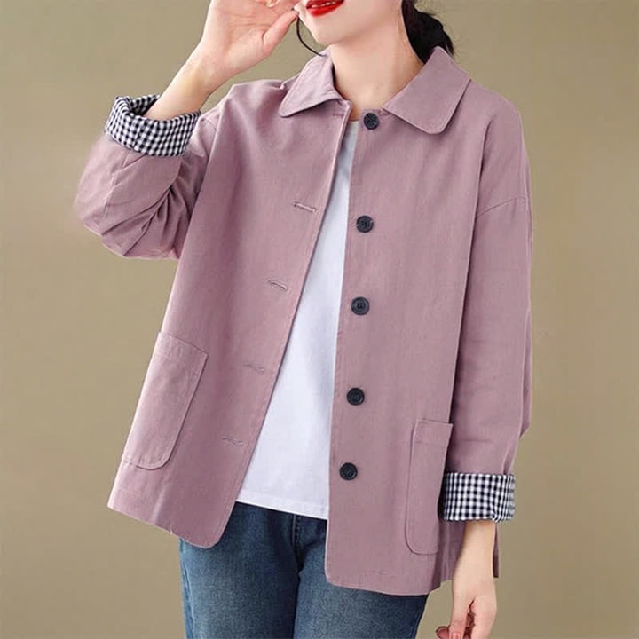 Buddha Stones Chaqueta informal minimalista de manga larga para mujer, con botones y bolsillos, ideal para primavera y otoño. - Rojo violeta pálido - US8-10, UK/AU12-14, EU40-42 (2XL) - image 15