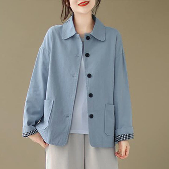 Buddha Stones Chaqueta informal minimalista de manga larga para mujer, con botones y bolsillos, ideal para primavera y otoño. - Azul acero claro - US8-10, UK/AU12-14, EU40-42 (2XL) - image 10