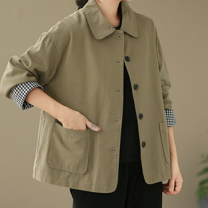 Buddha Stones Chaqueta informal minimalista de manga larga para mujer, con botones y bolsillos, ideal para primavera y otoño. - image 1