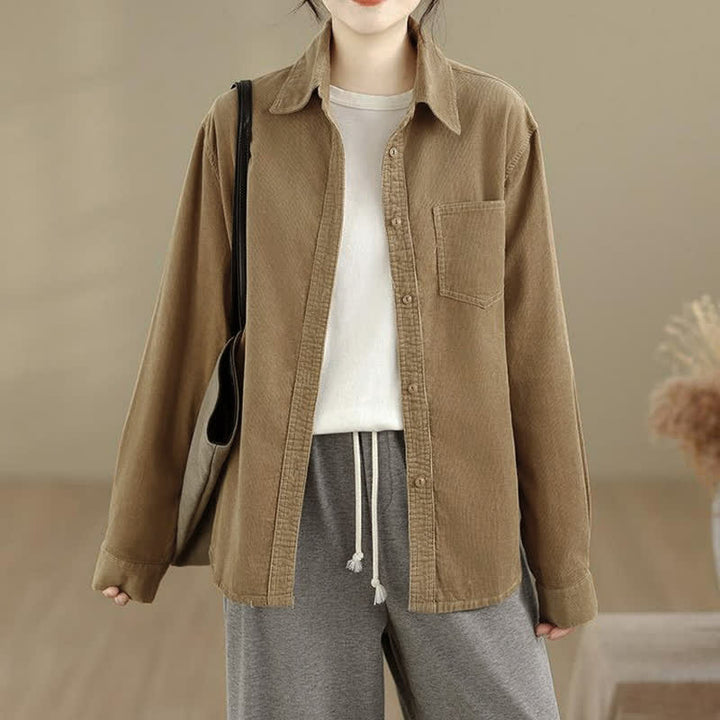 Buddha Stones Chaqueta de mujer informal de otoño/invierno estilo vintage, de pana lisa con botones y bolsillos. - image 14