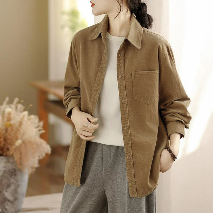 Buddha Stones Chaqueta de mujer informal de otoño/invierno estilo vintage, de pana lisa con botones y bolsillos. - image 16