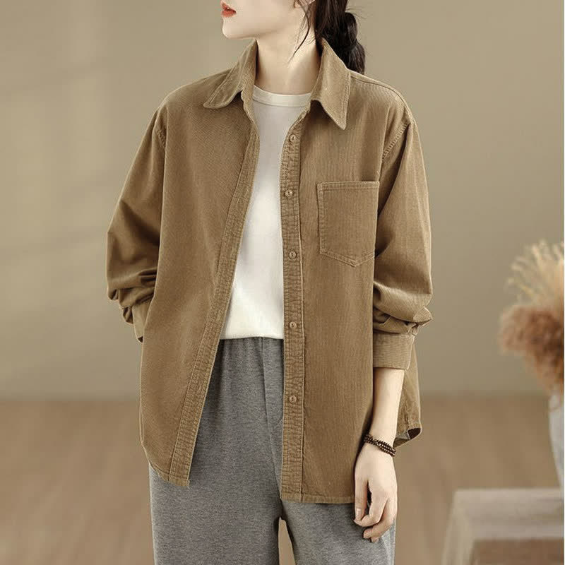 Buddha Stones Chaqueta de mujer informal de otoño/invierno estilo vintage, de pana lisa con botones y bolsillos. - image 15