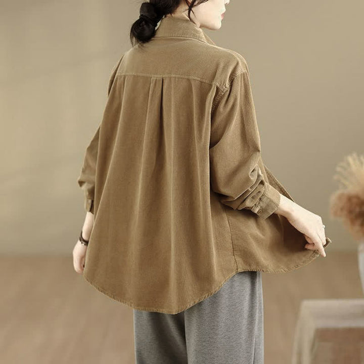 Buddha Stones Chaqueta de mujer informal de otoño/invierno estilo vintage, de pana lisa con botones y bolsillos. - image 17
