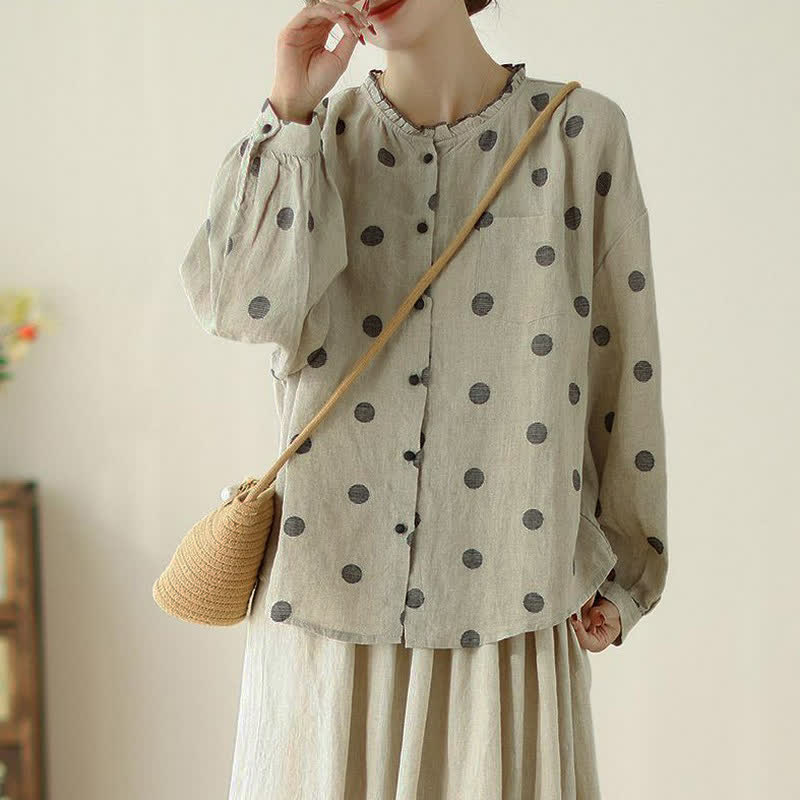 Buddha Stones Camisa de manga larga para mujer, estilo casual vintage, con botones y estampado de lunares, ideal para primavera y otoño. - image 1