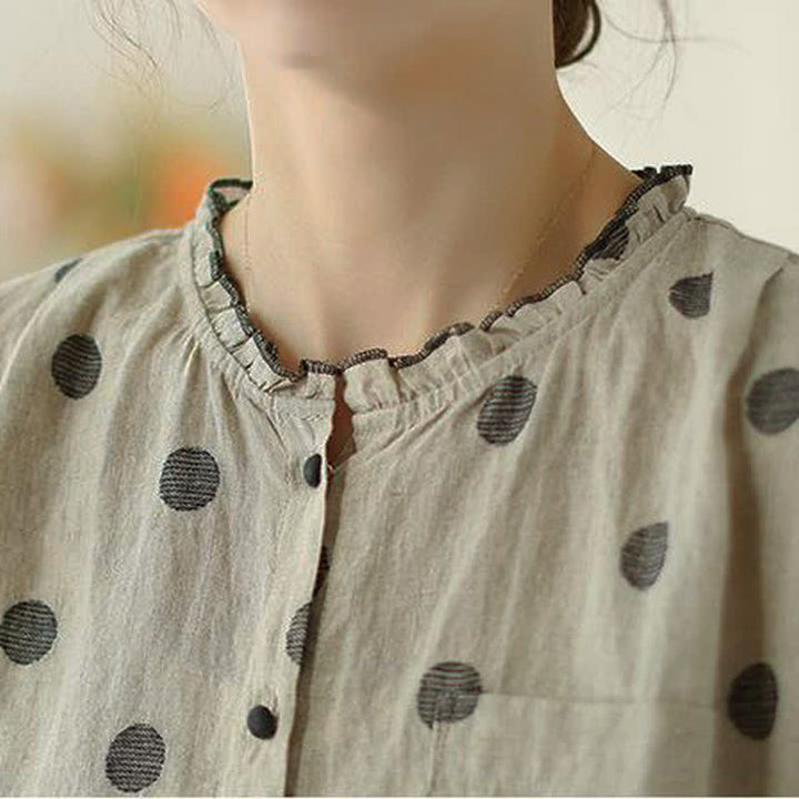 Buddha Stones Camisa de manga larga para mujer, estilo casual vintage, con botones y estampado de lunares, ideal para primavera y otoño. - image 7
