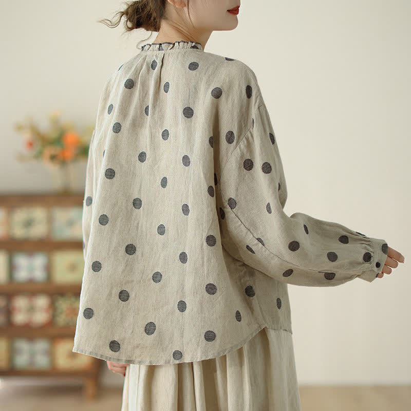 Buddha Stones Camisa de manga larga para mujer, estilo casual vintage, con botones y estampado de lunares, ideal para primavera y otoño. - image 4