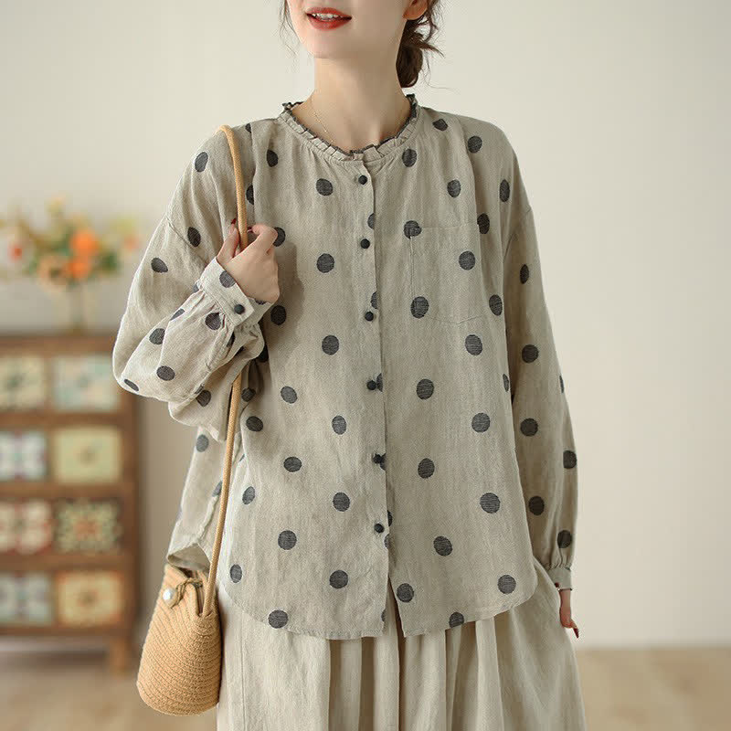 Buddha Stones Camisa de manga larga para mujer, estilo casual vintage, con botones y estampado de lunares, ideal para primavera y otoño. - Beige - US8-10, UK/AU12-14, EU40-42 (2XL) - image 0