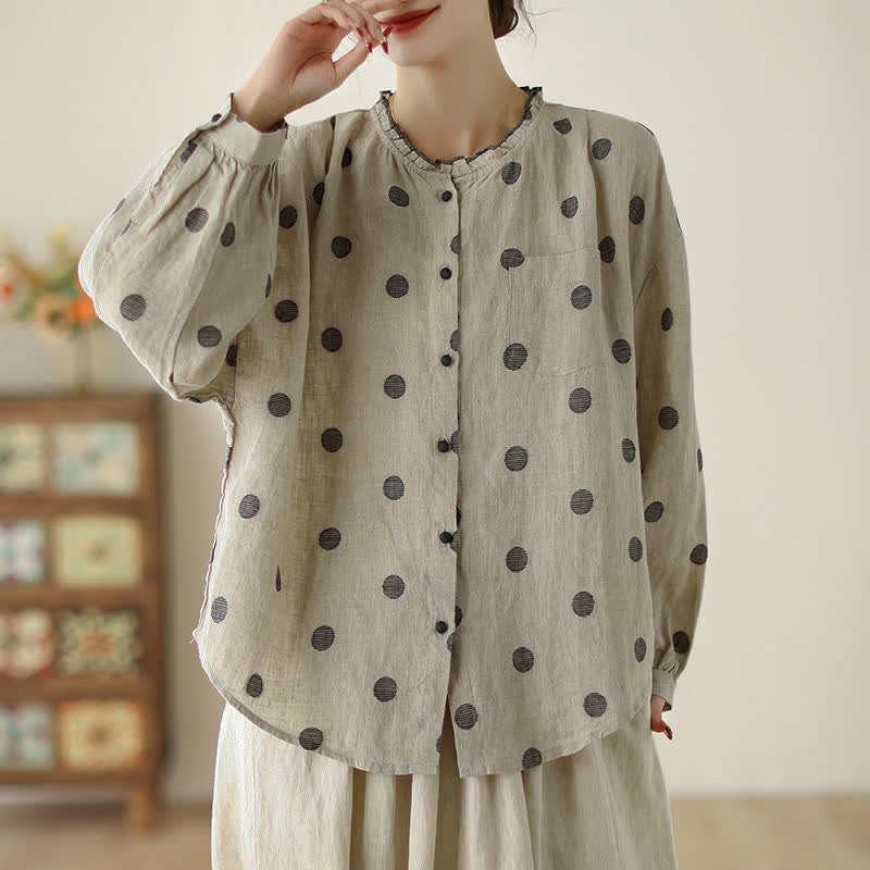 Buddha Stones Camisa de manga larga para mujer, estilo casual vintage, con botones y estampado de lunares, ideal para primavera y otoño. - image 2