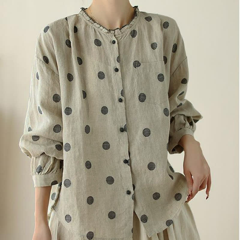Buddha Stones Camisa de manga larga para mujer, estilo casual vintage, con botones y estampado de lunares, ideal para primavera y otoño. - image 5