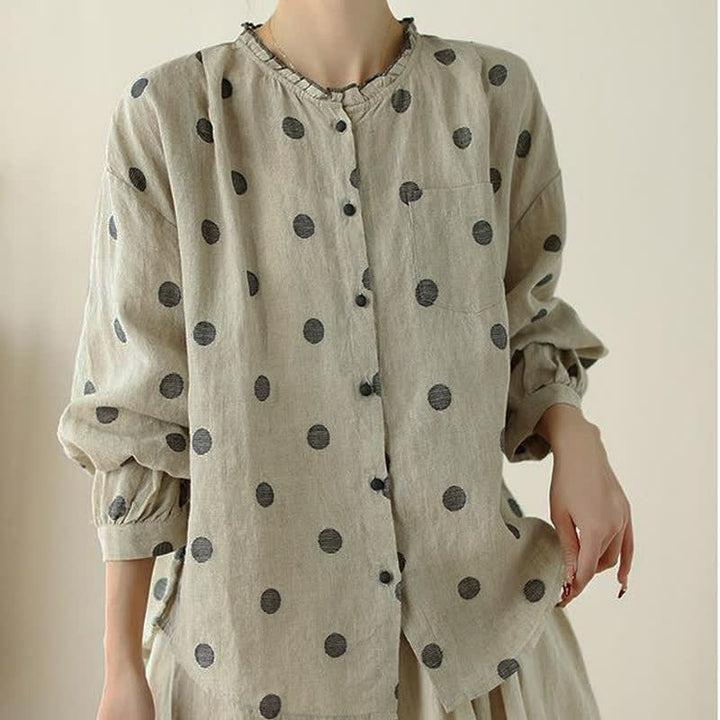 Buddha Stones Camisa de manga larga para mujer, estilo casual vintage, con botones y estampado de lunares, ideal para primavera y otoño. - image 5