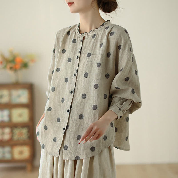 Buddha Stones Camisa de manga larga para mujer, estilo casual vintage, con botones y estampado de lunares, ideal para primavera y otoño. - image 3