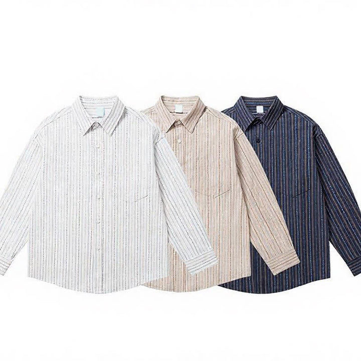 Buddha Stones Camisa de manga larga para hombre de algodón a rayas, estilo casual vintage, con botones y bolsillo de parche. - image 16