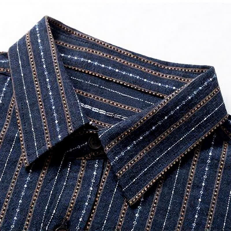 Buddha Stones Camisa de manga larga para hombre de algodón a rayas, estilo casual vintage, con botones y bolsillo de parche. - image 4