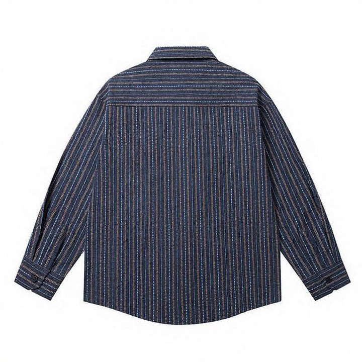Buddha Stones Camisa de manga larga para hombre de algodón a rayas, estilo casual vintage, con botones y bolsillo de parche. - image 3
