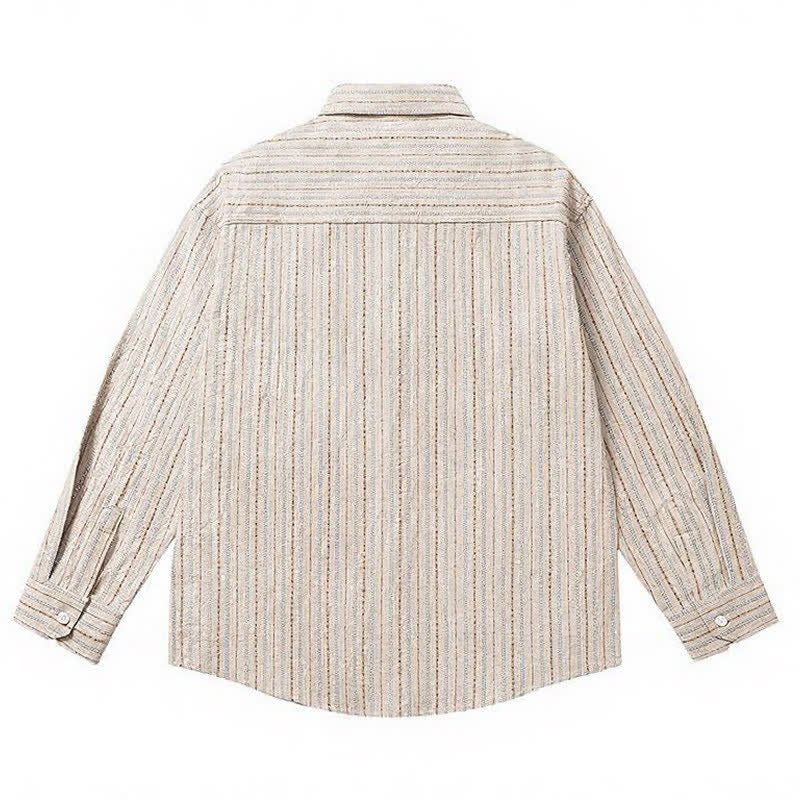 Buddha Stones Camisa de manga larga para hombre de algodón a rayas, estilo casual vintage, con botones y bolsillo de parche. - image 11