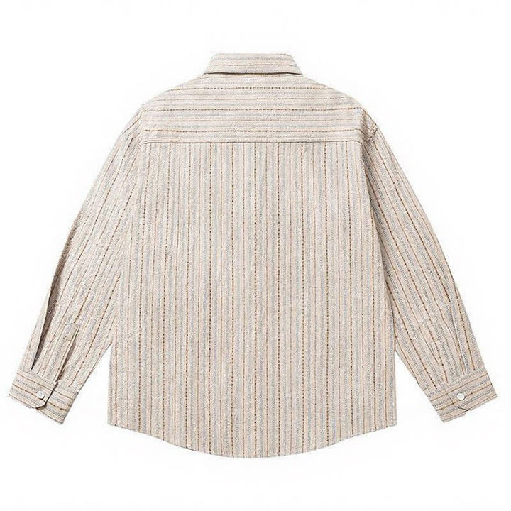 Buddha Stones Camisa de manga larga para hombre de algodón a rayas, estilo casual vintage, con botones y bolsillo de parche. - image 11
