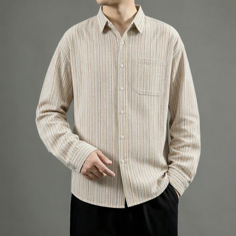 Buddha Stones Camisa de manga larga para hombre de algodón a rayas, estilo casual vintage, con botones y bolsillo de parche. - image 9