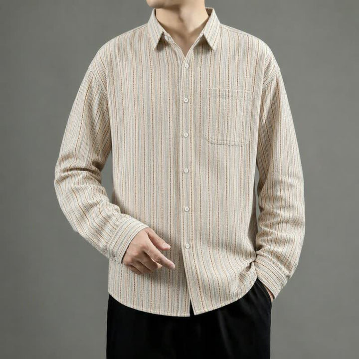 Buddha Stones Camisa de manga larga para hombre de algodón a rayas, estilo casual vintage, con botones y bolsillo de parche. - image 9