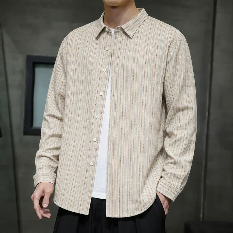 Buddha Stones Camisa de manga larga para hombre de algodón a rayas, estilo casual vintage, con botones y bolsillo de parche. - Beige - US/UK/AU42, EU52 (3XL) - image 8